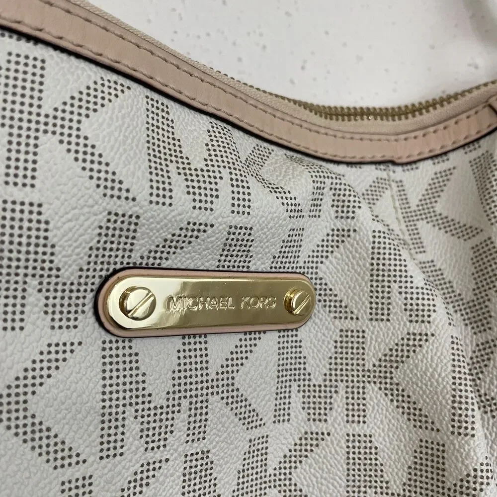 Michael Kors Hobo Handbag Jet Set Monogram Pleated White Tan Signature MK Logo